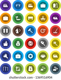 White Solid Icon Set- scraper vector, vacuum cleaner, rake, iron, steaming, student, case, money bag, horizontal bar, big scales, group, vial, gear, bench, construction crane, 24 hour