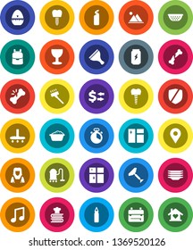 White Solid Icon Set- scraper vector, vacuum cleaner, window cleaning, foam basin, agent, plates, shining, woman, colander, cook timer, cookbook, backpack, music, exchange, punching bag, glass, pin