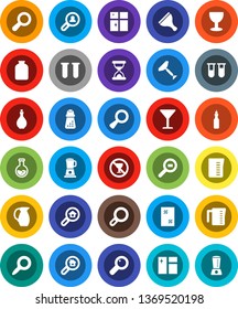 White Solid Icon Set- scraper vector, window cleaning, shining, oil, measuring cup, hand mill, jug, jar, magnifier, flask, no alcohol sign, glass, cargo search, vial, sand clock, estate, client