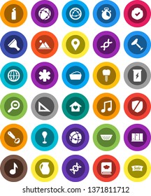 White Solid Icon Set- scraper vector, foam basin, cleaning agent, shining window, colander, cook timer, ladle, cookbook, jug, corner ruler, music, punching bag, enegry drink, protected, cargo search