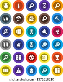 White Solid Icon Set- scraper vector, shining window, measuring cup, hand mill, spices, jug, oil, magnifier, no alcohol sign, glass, vial, sand clock, potion, cloud, search estate, client, blender