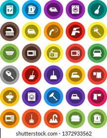 White Solid Icon Set- scraper vector, broom, water tap, vacuum cleaner, fetlock, scoop, sponge, iron, steaming, drying clothes, sink, kettle, colander, microwave oven, washer, dishwasher