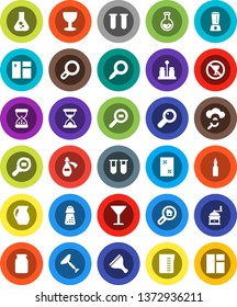 White Solid Icon Set- scraper vector, window cleaning, measuring cup, hand mill, spices, jug, jar, oil, magnifier, flask, no alcohol sign, glass, cargo search, vial, sand clock, potion, cloud