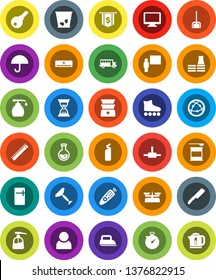 White Solid Icon Set- scraper vector, scoop, trash bin, liquid soap, cleaning agent, knife, double boiler, blackboard, ruler, school bus, flask, sand clock, dollar flag, stopwatch, roller Skates