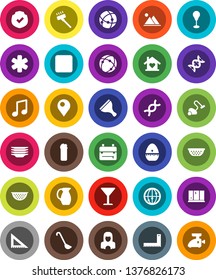 White Solid Icon Set- scraper vector, vacuum cleaner, cleaning agent, plates, shining window, woman, colander, cook timer, ladle, jug, corner ruler, backpack, music, punching bag, glass, protected