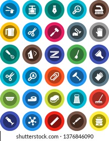 White Solid Icon Set- scraper vector, broom, fetlock, rake, sponge, steaming, rubber glove, colander, measuring cup, cook press, whisk, meat hammer, grater, blender, pen, ruler, scissors, attachment