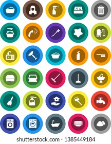 White Solid Icon Set- scraper vector, broom, vacuum cleaner, fetlock, mop, rake, sponge, trash bin, water tap, car, splotch, steaming, bath, washer, foam basin, washing powder, liquid soap, sprayer