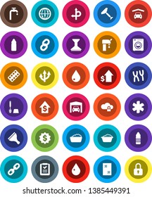 White Solid Icon Set- scraper vector, water drop, car fetlock, window cleaning, toilet brush, foam basin, dollar growth, medal, bottle, route, internet, ambulance star, pills blister, chromosomes