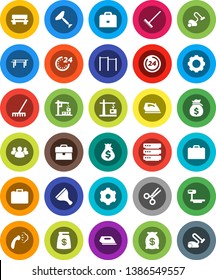 White Solid Icon Set- scraper vector, vacuum cleaner, rake, iron, steaming, case, money bag, horizontal bar, big scales, group, scissors, data, gear, bench, construction crane, 24 hour