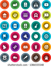 White Solid Icon Set- scraper vector, broom, pan, knife, medal, flag, leaf, university, target, binder, fitball, boxing glove, swimsuite, fitness mat, first aid kit, attention, car, oil barrel, dna