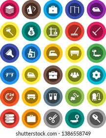 White Solid Icon Set- scraper vector, vacuum cleaner, rake, iron, steaming, student, case, money bag, horizontal bar, big scales, group, vial, scissors, data, gear, bench, construction crane