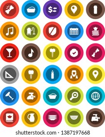 White Solid Icon Set- scraper vector, vacuum cleaner, foam basin, cleaning agent, plates, woman, colander, cookbook, jug, corner ruler, music, exchange, punching bag, calendar, glass, protected, pin