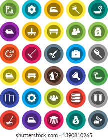 White Solid Icon Set- scraper vector, vacuum cleaner, rake, iron, steaming, case, money bag, horizontal bar, big scales, group, vial, scissors, data, gear, bench, construction crane, 24 hour