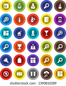 White Solid Icon Set- scraper vector, window cleaning, shining, measuring cup, hand mill, spices, jar, oil, magnifier, flask, no alcohol sign, glass, cargo search, vial, sand clock, potion, cloud