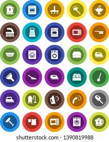 White Solid Icon Set- scraper vector, broom, vacuum cleaner, fetlock, scoop, sponge, iron, steaming, drying clothes, washer, sink, colander, grater, microwave oven, kettle