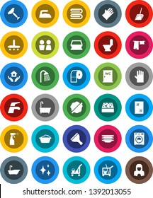 White Solid Icon Set- scraper vector, cleaner trolley, water tap, vacuum, scoop, sponge, towel, shining, window cleaning, splotch, iron, bath, toilet, drying clothes, washer, foam basin, sprayer