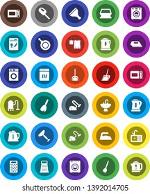 White Solid Icon Set- scraper vector, broom, vacuum cleaner, scoop, sponge, iron, drying clothes, washer, sink, pan, kettle, grater, microwave oven, dishwasher