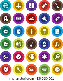 White Solid Icon Set- scraper vector, vacuum cleaner, window cleaning, agent, shining, woman, colander, cook timer, ladle, jug, music, exchange, protected, cargo search, internet, ambulance star