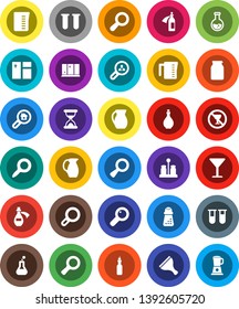 White Solid Icon Set- scraper vector, window cleaning, shining, oil, measuring cup, hand mill, spices, jug, jar, magnifier, flask, no alcohol sign, glass, vial, sand clock, potion, search estate