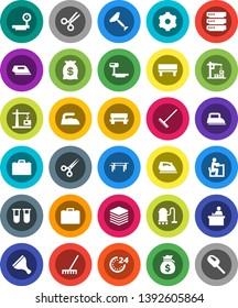 White Solid Icon Set- scraper vector, vacuum cleaner, rake, iron, student, case, money bag, horizontal bar, big scales, vial, scissors, data, gear, bench, construction crane, 24 hour