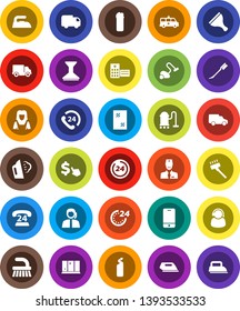 White Solid Icon Set- scraper vector, vacuum cleaner, fetlock, car, window cleaning, iron, steaming, agent, shining, woman, dollar cursor, phone 24, support, delivery, mobile, hospital building