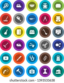 White Solid Icon Set- scraper vector, broom, rake, sponge, car fetlock, steaming, pan, colander, measuring cup, cook press, ladle, grater, drawing compass, first aid kit, social media, crutches