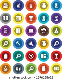 White Solid Icon Set- scraper vector, window cleaning, shining, measuring cup, hand mill, jug, jar, oil, magnifier, flask, no alcohol sign, glass, cargo search, vial, sand clock, cloud, coffee maker