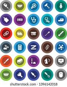 White Solid Icon Set- scraper vector, sponge, car fetlock, iron, steaming, toilet brush, colander, whisk, cutting board, grater, blender, pen, measuring, social media, crutches, scalpel, stethoscope