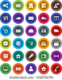White Solid Icon Set- sea container vector, delivery, car, wood box, document, no trolley, film spool, microphone, tv, speaking man, vial, stethoscope, chromosomes, browser, firewall, lan connector