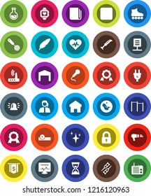 White Solid Icon Set- shining vector, skimmer, pen, medal, flask, sand clock, dollar flag, horizontal bar, roller Skates, heart monitor, support, newspaper, rec button, pulse, pregnancy, crutches