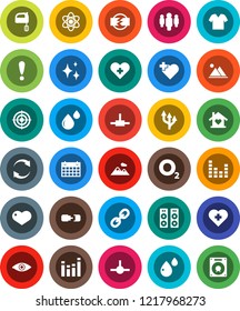 White Solid Icon Set- shining vector, mixer, atom, man, target, calendar, heart cross, oxygen, attention, equalizer, link, eye, blood drop, connect, refresh, route arrow, connection, disconnection
