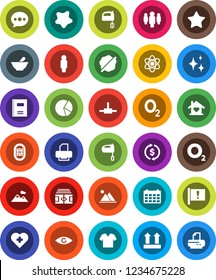 White Solid Icon Set- shining vector, splotch, mixer, copybook, atom, exchange, pie graph, man, calendar, stadium, heart cross, oxygen, attention, top sign, favorites, eye, mortar, connect, message
