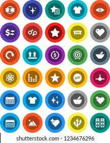 White Solid Icon Set- shining vector, atom, exchange, calendar, target, heart cross, top sign, equalizer, favorites, eye, gender, mortar, connect, redo, route arrow, disconnection, mountain, star