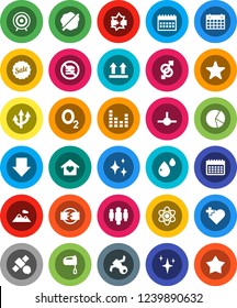 White Solid Icon Set- shining vector, splotch, mixer, atom, pie graph, man, arrow down, calendar, target, no fastfood, heart cross, oxygen, satellite, top sign, equalizer, favorites, gender, connect