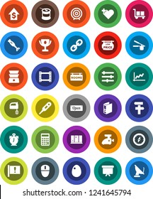 White Solid Icon Set- shining window vector, cook press, mixer, double boiler, blender, egg, alarm clock, compass, award cup, graph, dollar growth, calculator, target, binder, presentation board