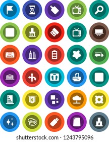 White Solid Icon Set- shining vector, splotch, cutting board, school bus, flag, magnifier, sand clock, dollar, any currency, scales, hoop, route, truck trailer, tv, battery, stop button, backward