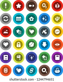White Solid Icon Set- shining vector, splotch, mixer, copybook, arrow down, calendar, heart cross, oxygen, stadium, attention, satellite, link, eye, disconnection, favorites, refresh, route, lock