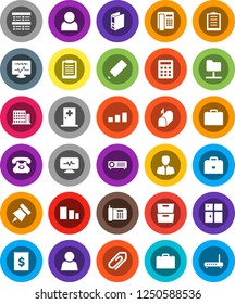 White Solid Icon Set- shining window vector, pencil, case, clipboard, paper pin, archive, exam, manager, binder, phone, receipt, sorting, diagnostic monitor, medical room, network folder, attachment