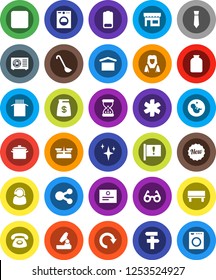 White Solid Icon Set- shining vector, cleaner woman, pan, ladle, jar, pasta, glasses, microscope, certificate, tie, attention, dry cargo, battery, forward button, ambulance star, pregnancy, share