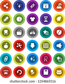 White Solid Icon Set- shining vector, water tap, skimmer, copybook, pencil, apple fruit, schedule, leaf, pie graph, arrow down, dollar calendar, bike, jump rope, t shirt, molecule, document, tulip