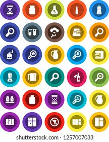 White Solid Icon Set- shining window vector, measuring cup, hand mill, spices, jug, jar, oil, magnifier, flask, no alcohol sign, cargo search, vial, sand clock, potion, cloud glass, estate, client