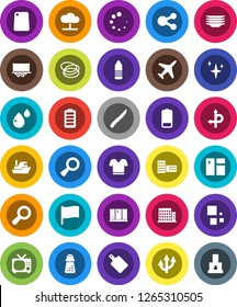 White Solid Icon Set- shining vector, window cleaning, plates, knife, cutting board, hand mill, school building, flag, t shirt, water bottle, hoop, route, plane, ship, truck trailer, battery, share