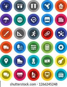 White Solid Icon Set- shining vector, corner ruler, microscope, presentation, molecule, dollar growth, calculator, roller Skates, run, map pin, phone 24, delivery, umbrella, dialog, vial, scalpel