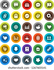 White Solid Icon Set- shining vector, splotch, mixer, copybook, arrow down, stadium, target, heart cross, oxygen, attention, satellite, top sign, equalizer, link, mortar, connect, message, route