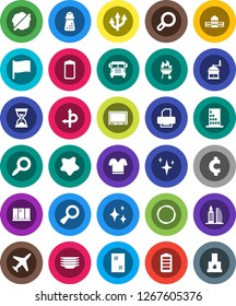 White Solid Icon Set- shining vector, window cleaning, splotch, plates, hand mill, bbq, school building, bus, flag, magnifier, sand clock, cent sign, t shirt, hoop, route, plane, battery, arrow, tv