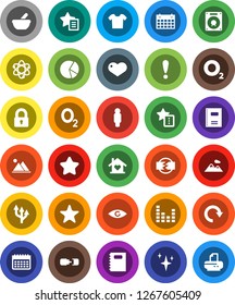 White Solid Icon Set- shining vector, copybook, atom, pie graph, man, calendar, oxygen, attention, equalizer, favorites, heart, eye, mortar, redo, route arrow, connection, disconnection, mountain