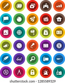 White Solid Icon Set- shining window vector, pan, plates, cereal, pen, drawing compass, glasses, flag, magnifier, exchange, dollar coin, credit card, receipt, fitball, target, shuttlecock, money