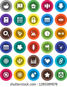 White Solid Icon Set- shining vector, splotch, mixer, copybook, atom, pie graph, man, arrow down, target, calendar, no fastfood, heart cross, oxygen, attention, equalizer, link, favorites, eye, lock