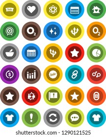 White Solid Icon Set- shining vector, atom, exchange, pie graph, calendar, target, oxygen, stadium, attention, equalizer, link, favorites, heart, gender sign, mortar, disconnection, message, refresh