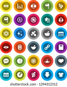 White Solid Icon Set- shining vector, mixer, copybook, atom, exchange, pie graph, arrow down, calendar, no fastfood, stadium, satellite, equalizer, link, heart, eye, gender sign, mortar, connect